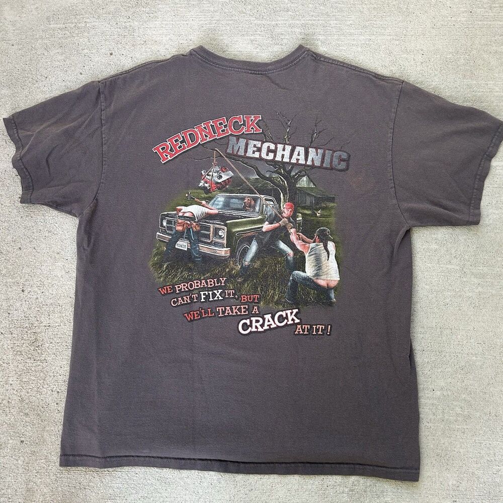 Red Neck Mechanic Mens XL TShirt "We'll Take a Crack At It" Funny Humor Cars Y2K